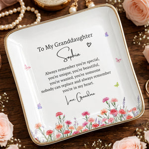 To My Granddaughter Always Remember You Are Special Birth Month Flowers - Personalized Custom Jewelry Dish, Ceramic Dish, Square Shape - GDT735_SCRF