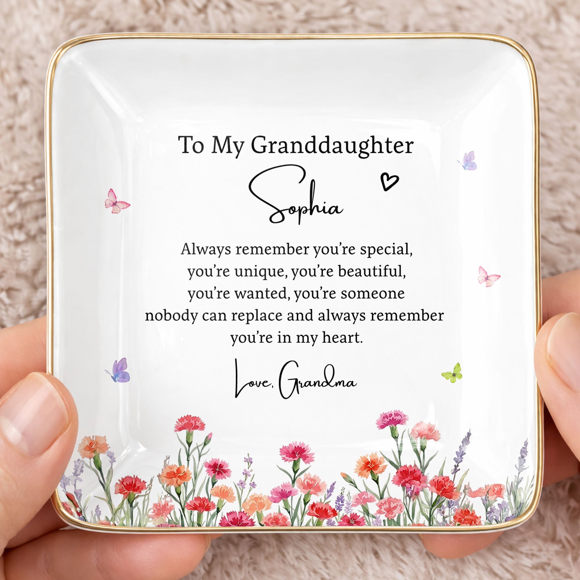 To My Granddaughter Always Remember You Are Special Birth Month Flowers - Personalized Custom Jewelry Dish, Ceramic Dish, Square Shape - GDT735_SCRF