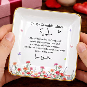 To My Granddaughter Always Remember You Are Special Birth Month Flowers - Personalized Custom Jewelry Dish, Ceramic Dish, Square Shape - GDT735_SCRF