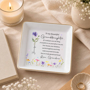 To My Beautiful Granddaughter Custom Birth Flower Jewelry Dish - Personalized Custom Jewelry Dish, Square Ceramic Dish - GDT808_SCRD