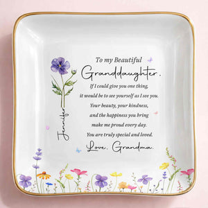 To My Beautiful Granddaughter Birth Flower And Butterfly Personalized Jewelry Dish - Personalized Custom Jewelry Dish, Ceramic Dish, Square Shape - GDT808_SCRF