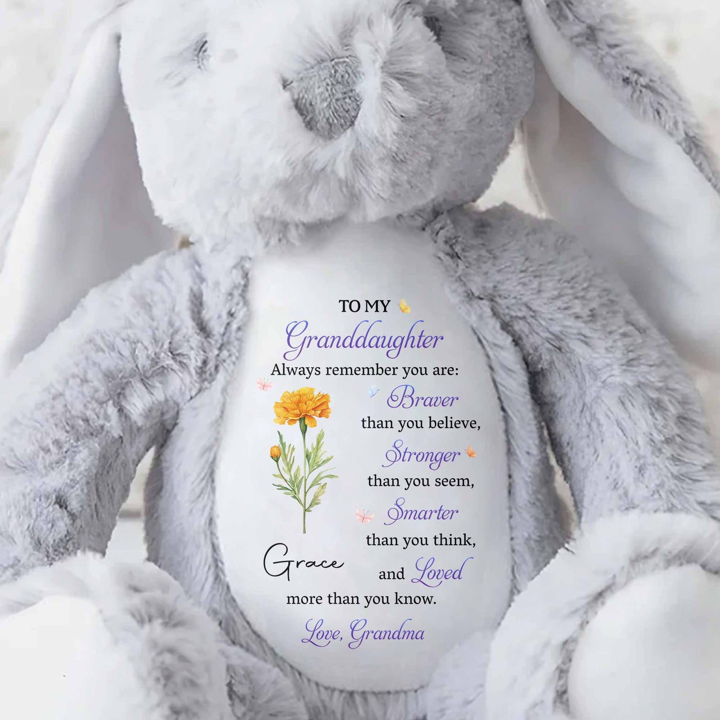To My Granddaughter Always Remember You Are Braver Purple Flower - Personalized Stuffed Bunny - GDT810_BUN