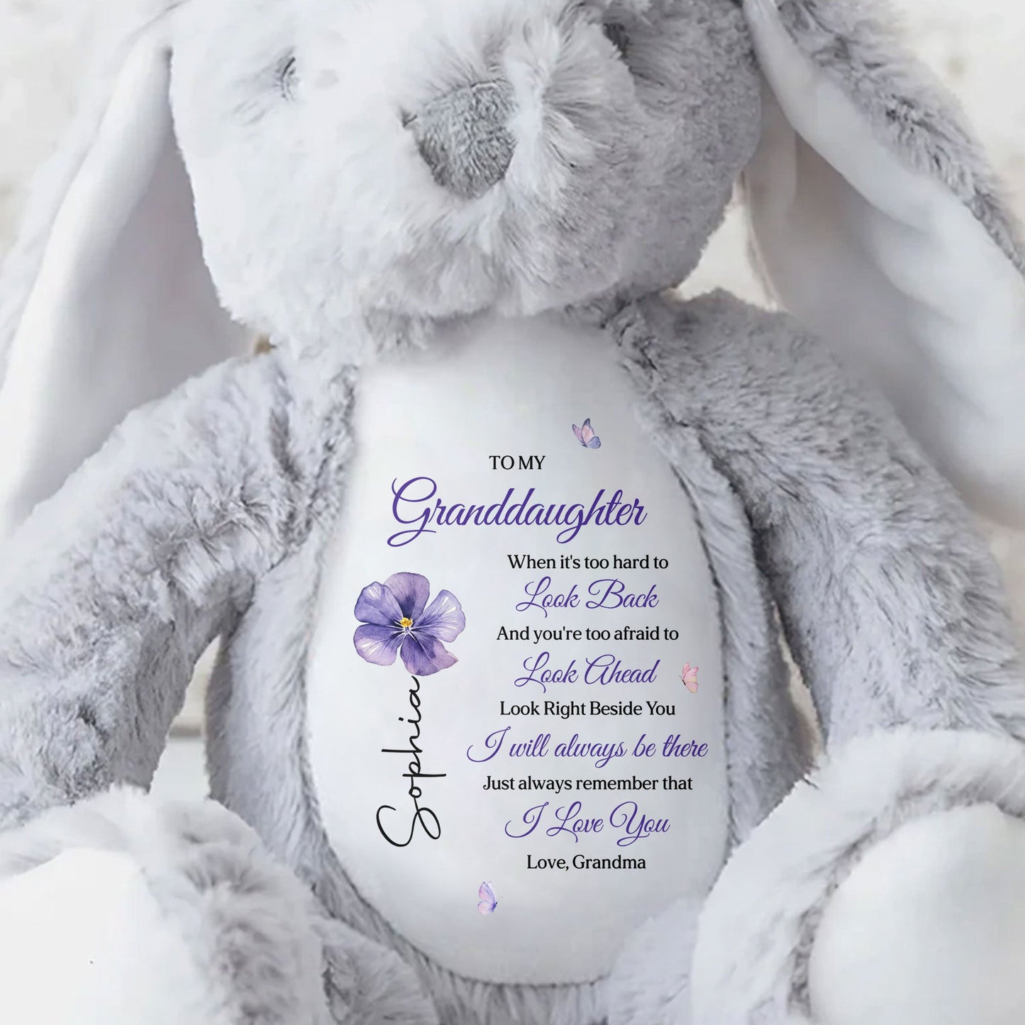 To My Granddaughter Look Right Beside You Purple Flower Butterflies - Personalized Stuffed Bunny - GDT866_BUN
