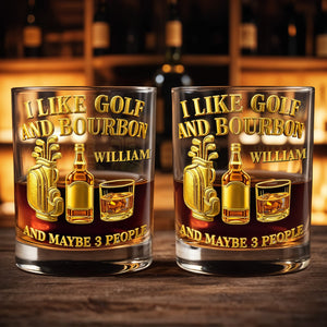 I Like Golf And Bourbon With Gold Golf Bag And Whiskey Bottle - Personalized Custom Whiskey Glass - GOLF017_RWG