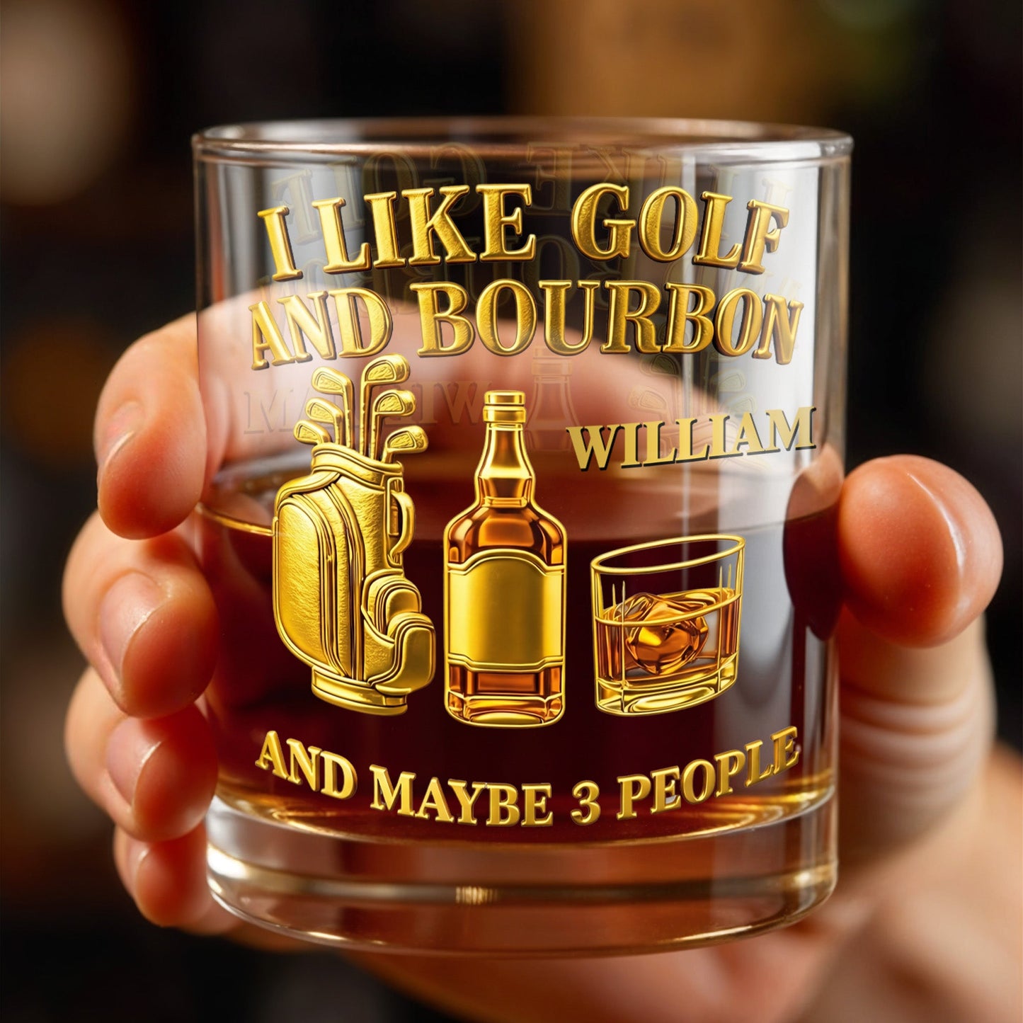 I Like Golf And Bourbon With Gold Golf Bag And Whiskey Bottle - Personalized Custom Whiskey Glass - GOLF017_RWG