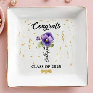 Congrats Personalized Pansy Flower Design Jewelry Dish - Personalized Custom Jewelry Dish, Square Ceramic Dish - GRAD002_SCRD