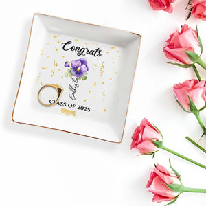 Congrats Personalized Pansy Flower Design Jewelry Dish - Personalized Custom Jewelry Dish, Square Ceramic Dish - GRAD002_SCRD