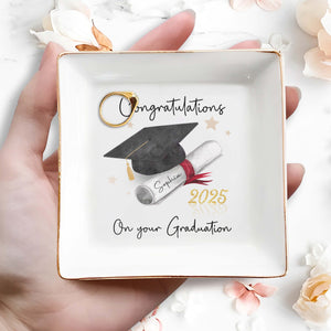 Congratulations On Your Graduation, Graduation Cap and Diploma - Personalized Custom Jewelry Dish, Square Ceramic Dish - GRAD006_SCRD