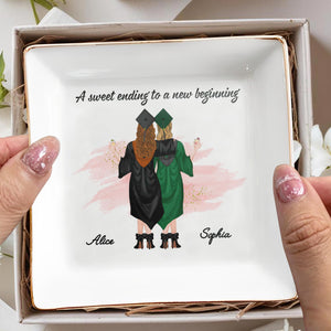 A Sweet Ending To A New Beginning, Graduates With Caps - Personalized Custom Jewelry Dish, Square Ceramic Dish - GRAD007_SCRD