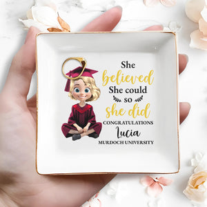 She Believed She Could So She Did Congratulations, Graduation Cap And Animated Character - Personalized Custom Jewelry Dish, Square Ceramic Dish - GRAD008_SCRD