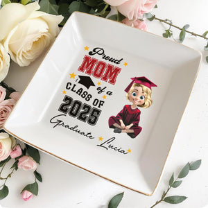 Proud Mom Of A Class Of 2025 Graduate, Graduation Cap and Stars - Personalized Custom Jewelry Dish, Square Ceramic Dish - GRAD014_SCRD