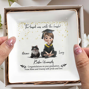 The Tassel Was Worth The Hassle, Graduation Cap And Cartoon Girl - Personalized Custom Jewelry Dish, Square Ceramic Dish - GRAD019_SCRD