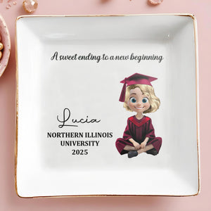 A Sweet Ending To A New Beginning, Graduation Cap and Cartoon Graduate - Personalized Custom Jewelry Dish, Square Ceramic Dish - GRAD021_SCRD