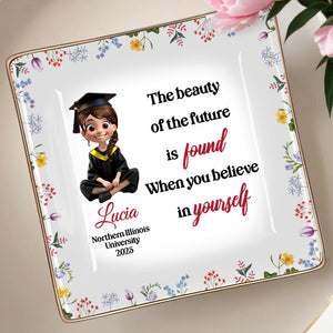 The Beauty Of The Future Is Found When You Believe In Yourself, Graduate Cartoon And Wildflowers - Personalized Custom Jewelry Dish, Ceramic Dish, Square Shape - GRAD025_SCRF