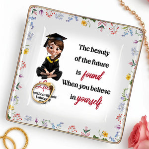 The Beauty Of The Future Is Found When You Believe In Yourself, Graduate Cartoon And Wildflowers - Personalized Custom Jewelry Dish, Ceramic Dish, Square Shape - GRAD025_SCRF