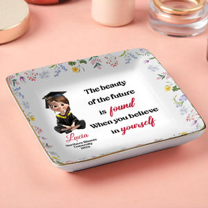 The Beauty Of The Future Is Found When You Believe In Yourself, Graduate Cartoon And Wildflowers - Personalized Custom Jewelry Dish, Ceramic Dish, Square Shape - GRAD025_SCRF