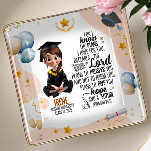 For I know the plans I have for you, declares the Lord, Graduation Cap and Balloons - Personalized Custom Jewelry Dish, Ceramic Dish, Square Shape - GRAD026_SCRF