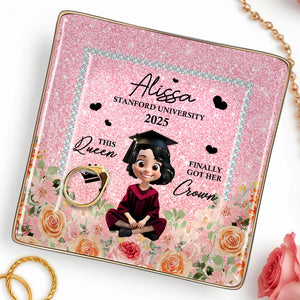 This Queen Finally Got Her Crown, Graduation Cap and Roses - Personalized Custom Jewelry Dish, Ceramic Dish, Square Shape - GRAD028_SCRF