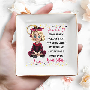 You Did It, Walk Across That Stage, Graduation Cap And Cartoon Graduate - Personalized Custom Jewelry Dish, Square Ceramic Dish - GRAD030_SCRD