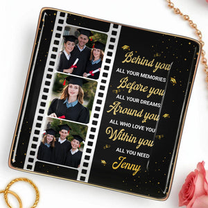 Behind You All Your Memories, Film Strip and Graduation Caps - Personalized Custom Jewelry Dish, Ceramic Dish, Square Shape - GRAD032_SCRF
