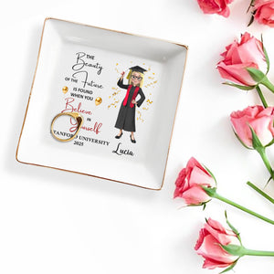 The Beauty of the Future Is Found When You Believe In Yourself, Graduate and Balloons - Personalized Custom Jewelry Dish, Square Ceramic Dish - GRAD038_SCRD