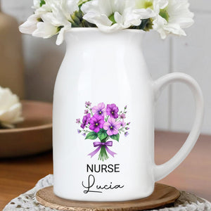 Customized Vase With Beautiful Floral Arrangement, Flowers and Bow - Personalized Ceramic Flower Vase