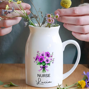 Customized Vase With Beautiful Floral Arrangement, Flowers and Bow - Personalized Ceramic Flower Vase