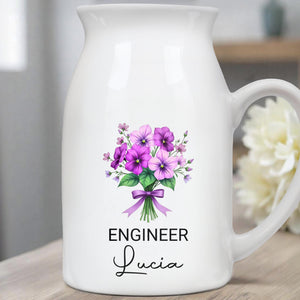 Customized Vase With Beautiful Floral Arrangement, Flowers and Bow - Personalized Ceramic Flower Vase