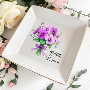 Celebrate Your Caring Spirit With This Floral Job-Inspired Design, Flowers And Ribbon - Personalized Custom Jewelry Dish, Square Ceramic Dish - GRAD273_SCRD