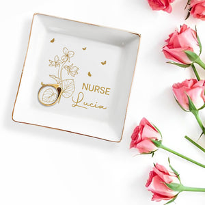 Your Job and Name, Flowers and Butterflies - Personalized Custom Jewelry Dish, Square Ceramic Dish - GRAD274_SCRD