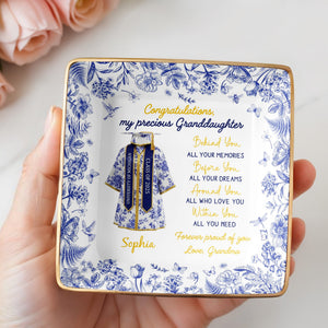 Congratulations My Precious Granddaughter, Flowers and Graduation Gown - Personalized Custom Jewelry Dish, Ceramic Dish, Square Shape - GRAD323_SCRF