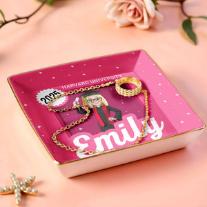Celebrate Your Academic Achievements, Graduation Cap And Diploma - Personalized Custom Jewelry Dish, Ceramic Dish, Square Shape - GRAD332_SCRF