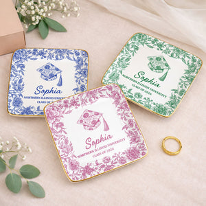 Class Of University Graduation Flowers And Graduation Cap Design - Personalized Custom Jewelry Dish, Ceramic Dish, Square Shape - GRAD441_SCRF