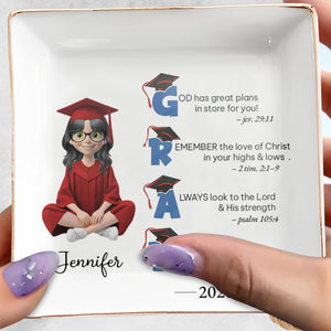 God Has Great Plans Graduation Girl With Cap And Bible Verses - Personalized Custom Jewelry Dish, Square Ceramic Dish - GRAD449_SCRD