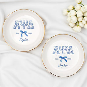 Alpha Psi Delta Est, Floral Greek Letters And Bow Ceramic Dish - Personalized Custom Jewelry Dish, Ceramic Dish, Round Shape - GRAD474_RCRF
