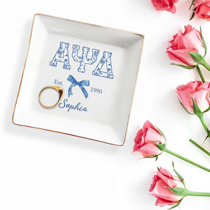 Greek Letters Floral Pattern And Ribbon Bow Est - Personalized Custom Jewelry Dish, Square Ceramic Dish - GRAD474_SCRD