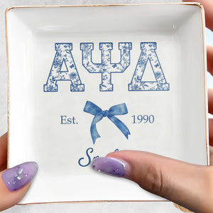 Greek Letters Floral Pattern And Ribbon Bow Est - Personalized Custom Jewelry Dish, Square Ceramic Dish - GRAD474_SCRD