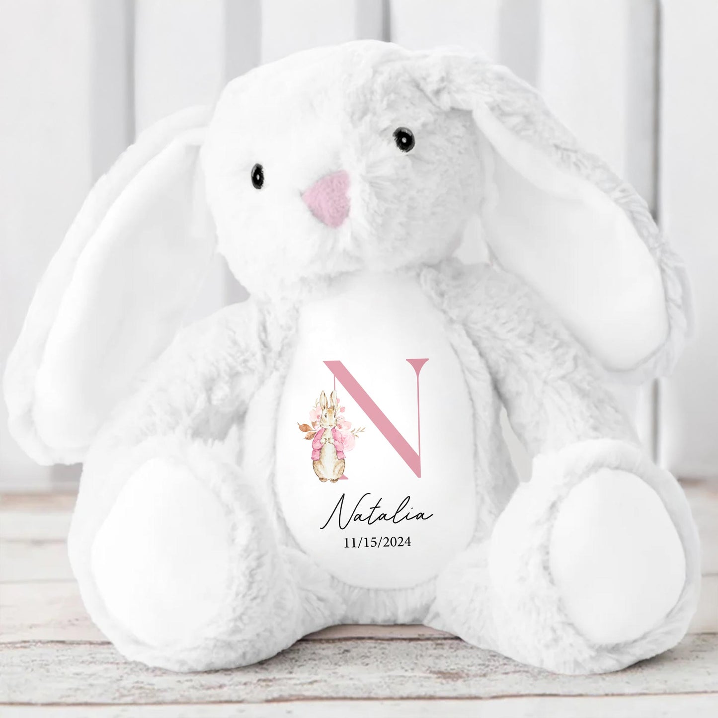 Cute Bunny With Floral Design For A Beautiful Touch - Personalized Stuffed Bunny - GRK008_BUN