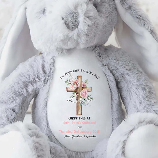 On Your Christening Day, Roses and Christian Cross - Personalized Stuffed Bunny - GRK010_BUN