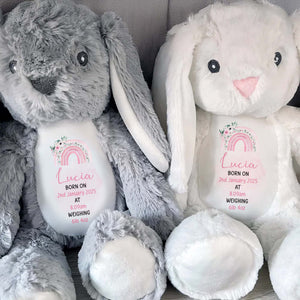 Celebrate The Joy Of A New Arrival, Rainbow And Flowers - Personalized Stuffed Bunny - GRK011_BUN