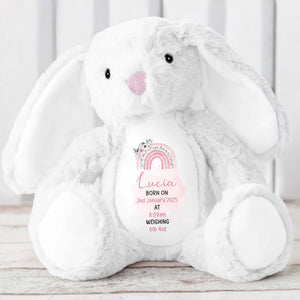 Celebrate The Joy Of A New Arrival, Rainbow And Flowers - Personalized Stuffed Bunny - GRK011_BUN