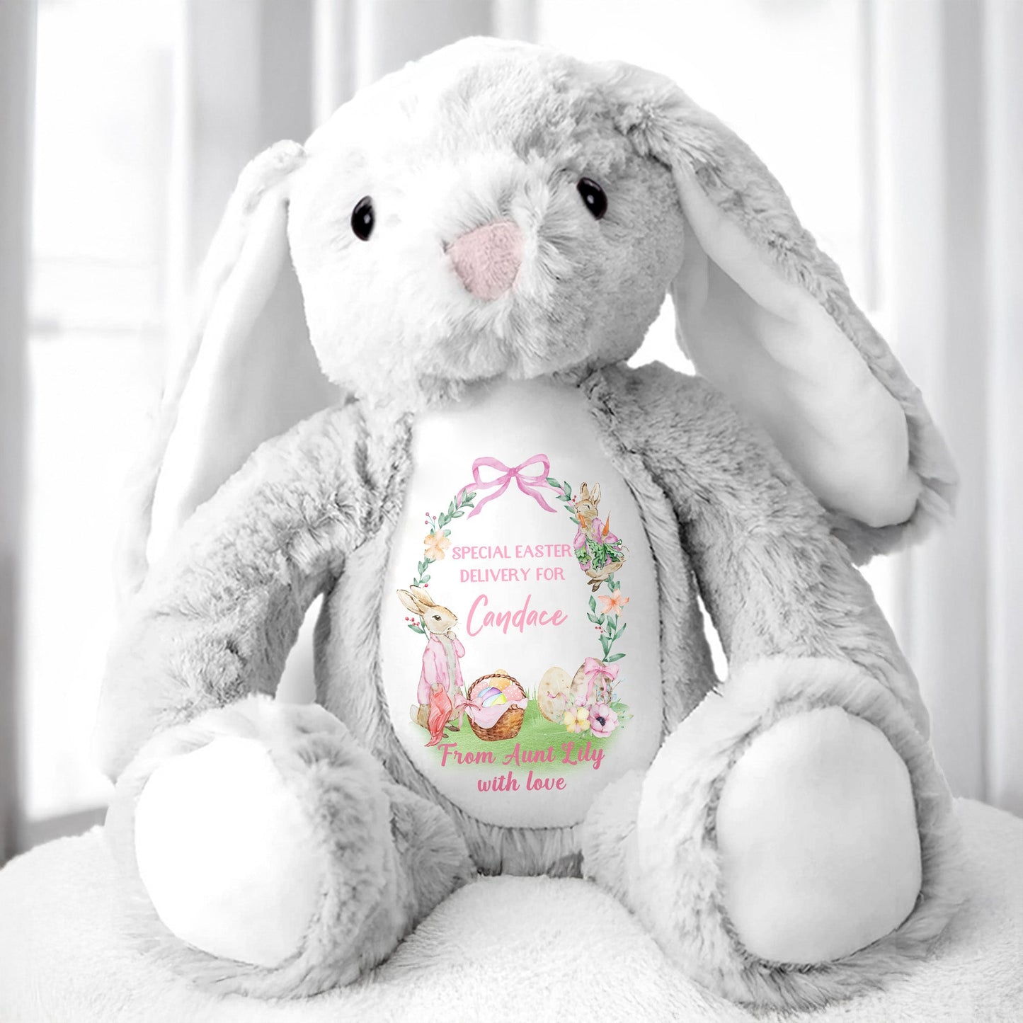 Special Easter Delivery For Candace, Easter Bunny, Eggs And Flowers - Personalized Stuffed Bunny - GRK025_BUN