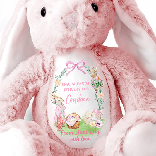 Special Easter Delivery For Candace, Easter Bunny, Eggs And Flowers - Personalized Stuffed Bunny - GRK025_BUN