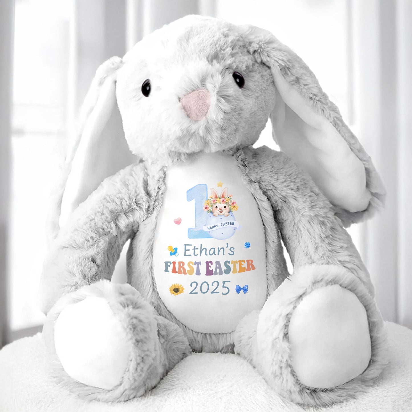 Happy First Easter 2025, Bunny and Easter Eggs - Personalized Stuffed Bunny - GRK029_BUN