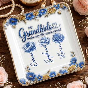 My Grandkids Make My Life More Grand Flowers - Personalized Custom Jewelry Dish, Ceramic Dish, Square Shape - GRK113_SCRF