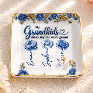 My Grandkids Make My Life More Grand Flowers - Personalized Custom Jewelry Dish, Ceramic Dish, Square Shape - GRK113_SCRF