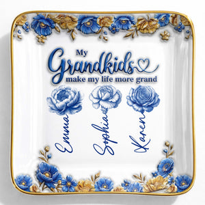 My Grandkids Make My Life More Grand Flowers - Personalized Custom Jewelry Dish, Ceramic Dish, Square Shape - GRK113_SCRF