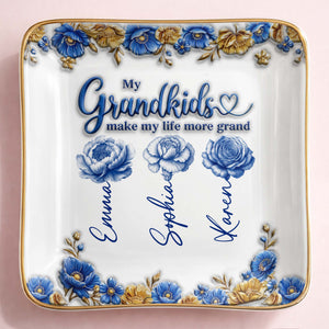 My Grandkids Make My Life More Grand Flowers - Personalized Custom Jewelry Dish, Ceramic Dish, Square Shape - GRK113_SCRF