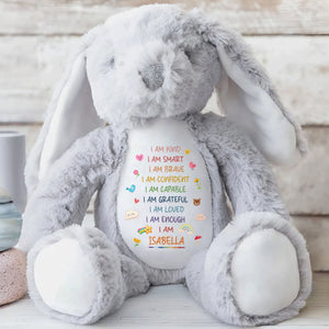 I Am Kind Smart Brave Confident Affirmations With Rainbow And Hearts - Personalized Stuffed Bunny - GRK118_BUN