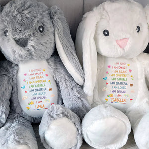 I Am Kind Smart Brave Confident Affirmations With Rainbow And Hearts - Personalized Stuffed Bunny - GRK118_BUN